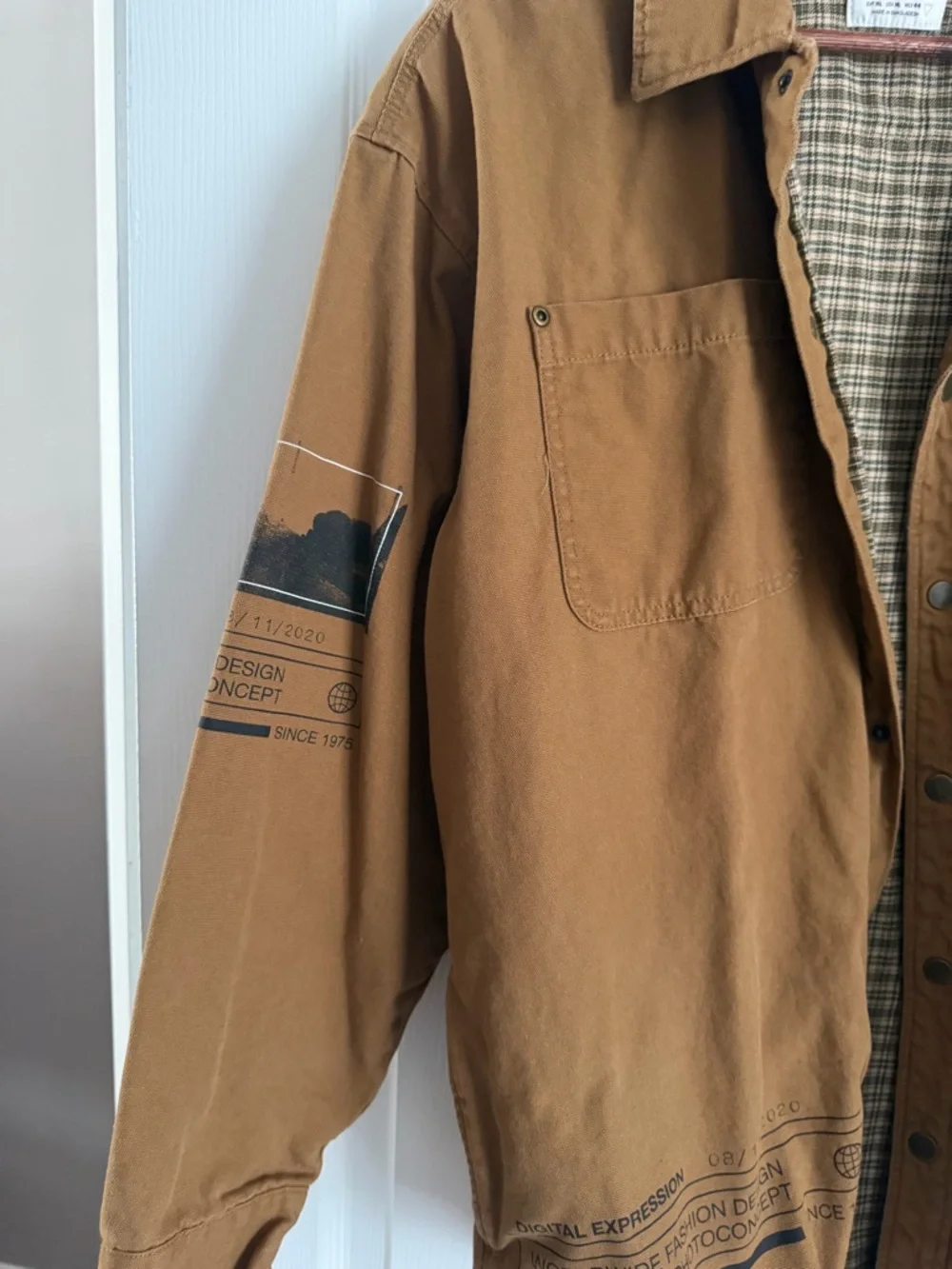 ZARA Tan Brown Utility Shirt Jacket with Plaid Lining - Picture 2 of 7
